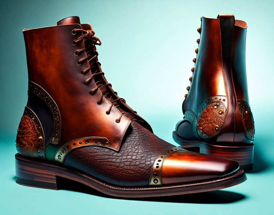 Brown Leather Boots with Brogue Detailing and Lace-Up Fronts