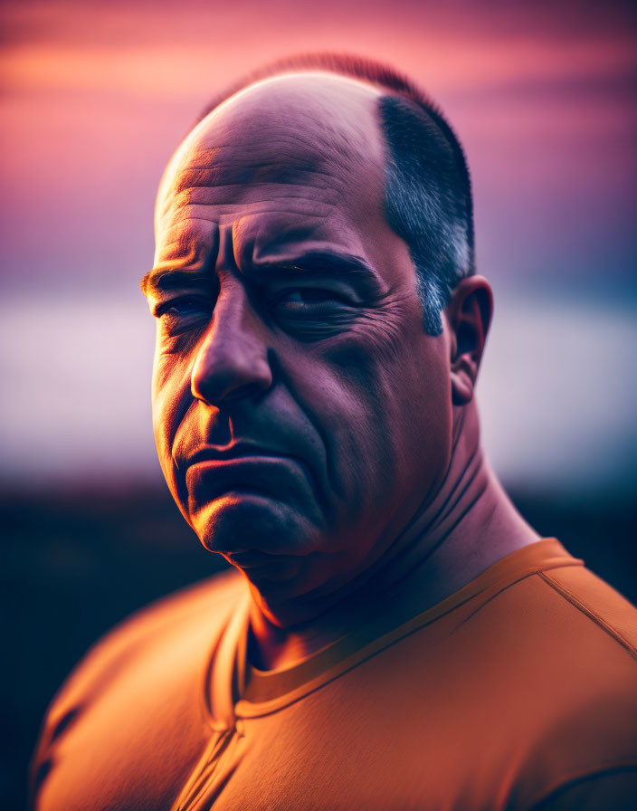 Man in Warm Sunset Light with Solemn Expression