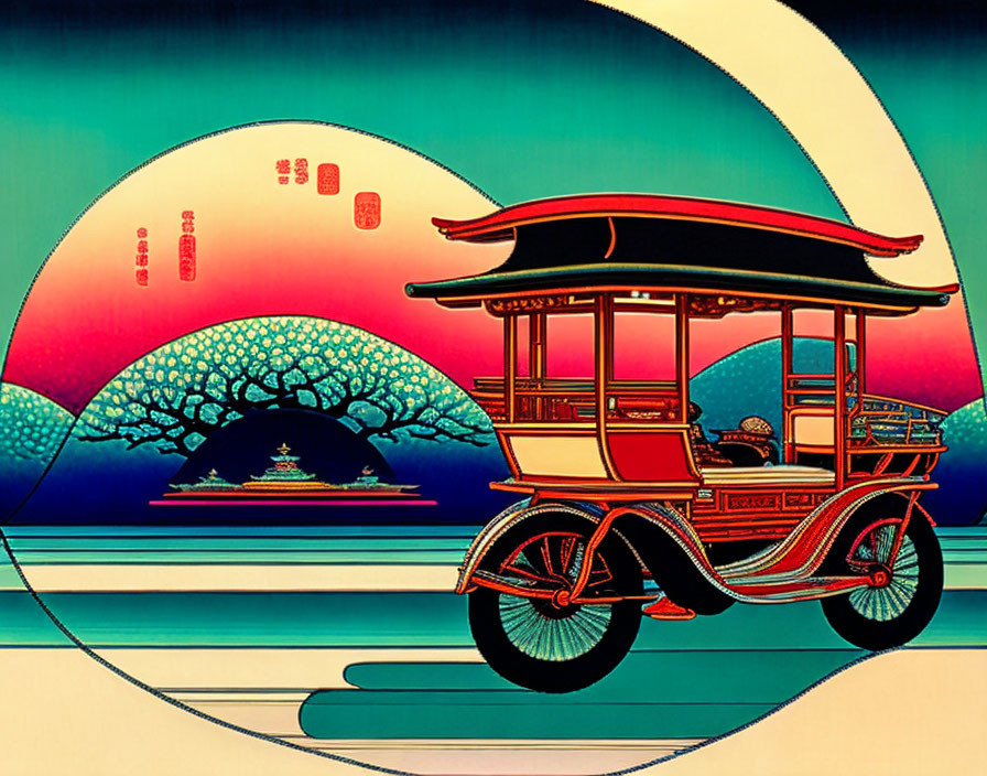 Traditional Japanese rickshaw in sunset scene with pagoda and cherry blossoms