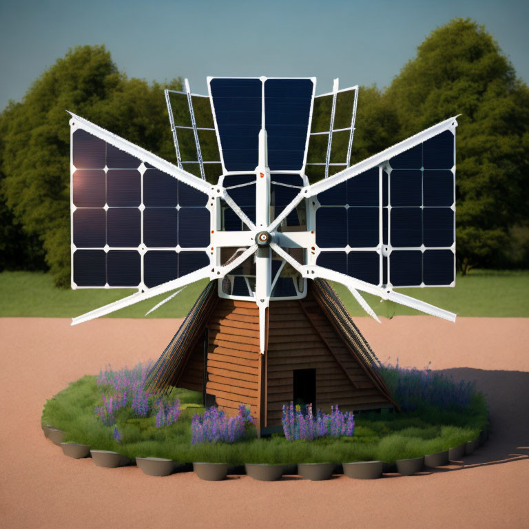 Futuristic windmill with solar panel blades in natural setting