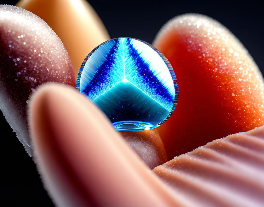 Translucent iridescent sphere held by hand on vibrant background