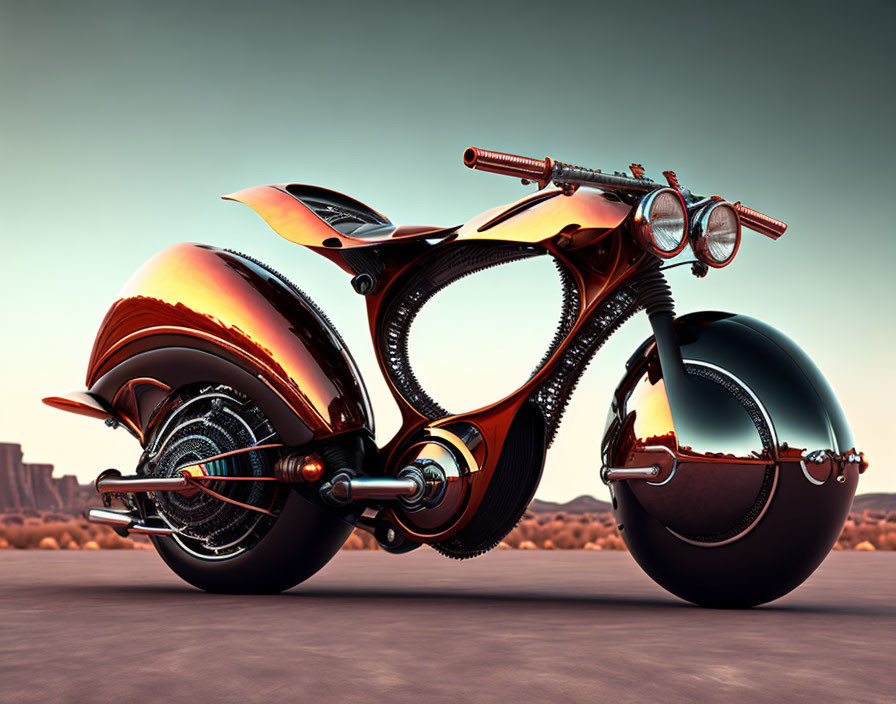 Sleek Orange Futuristic Motorcycle on Desert Road