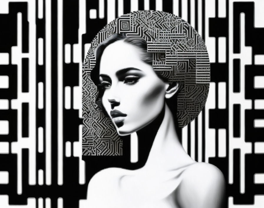 Monochrome graphic art of woman with geometric hairstyle on barcode-like background