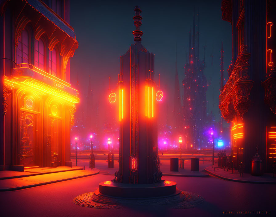 Futuristic neon-lit cityscape with glowing signs and towering spires.