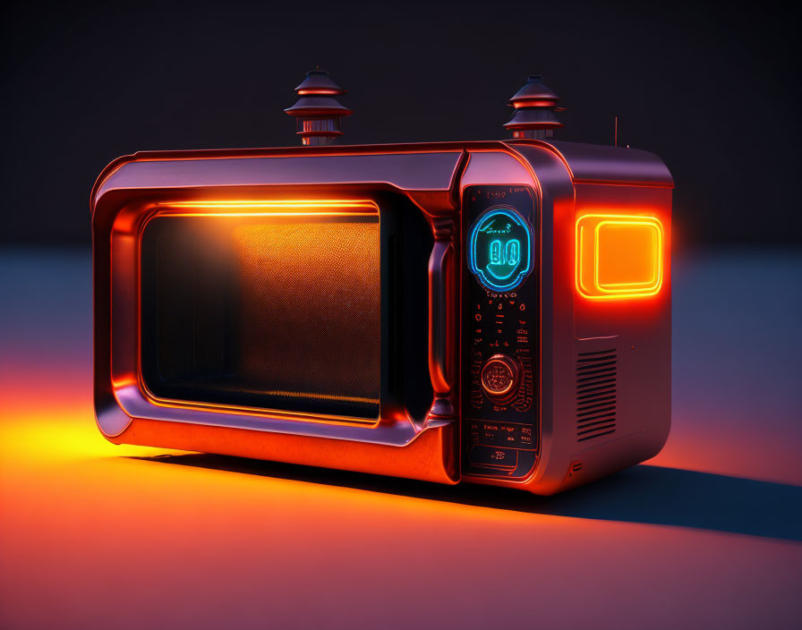 Red and Black Futuristic Microwave with Digital Interface and Ambient Lighting