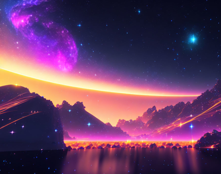 Vibrant cosmic landscape with luminous horizon and starlit sky