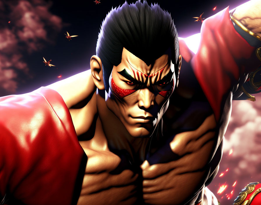Male anime character with red headband and martial arts gi in dramatic setting