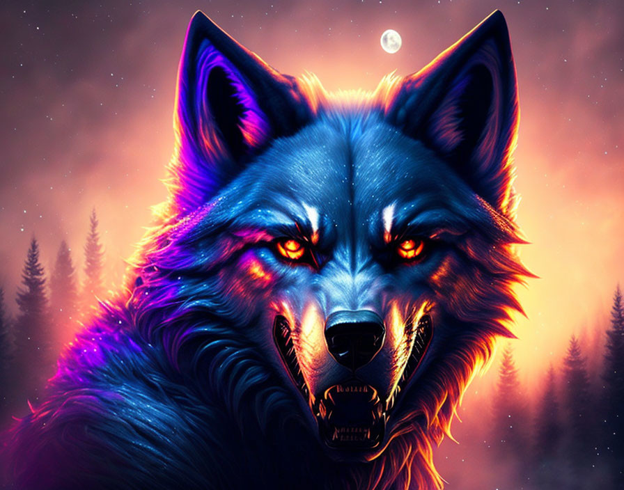 Vivid Wolf Artwork in Mystical Forest Scene