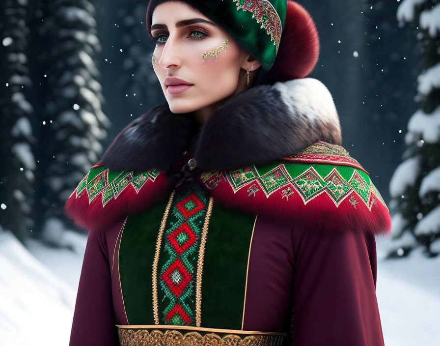 Traditional winter costume with fur collar and patterned headscarf in snowy forest.