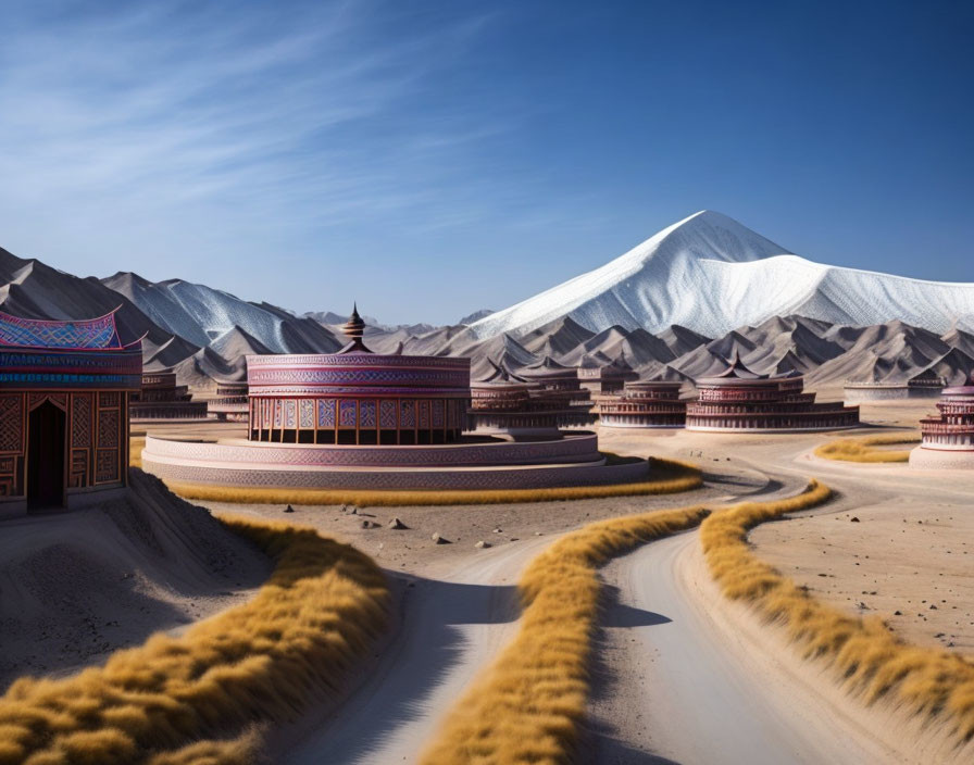 Intricate traditional buildings in desert with snowy mountains.