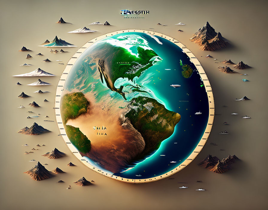 Flat Earth Concept Illustration with Disc-Shaped Planet and Floating Mountains