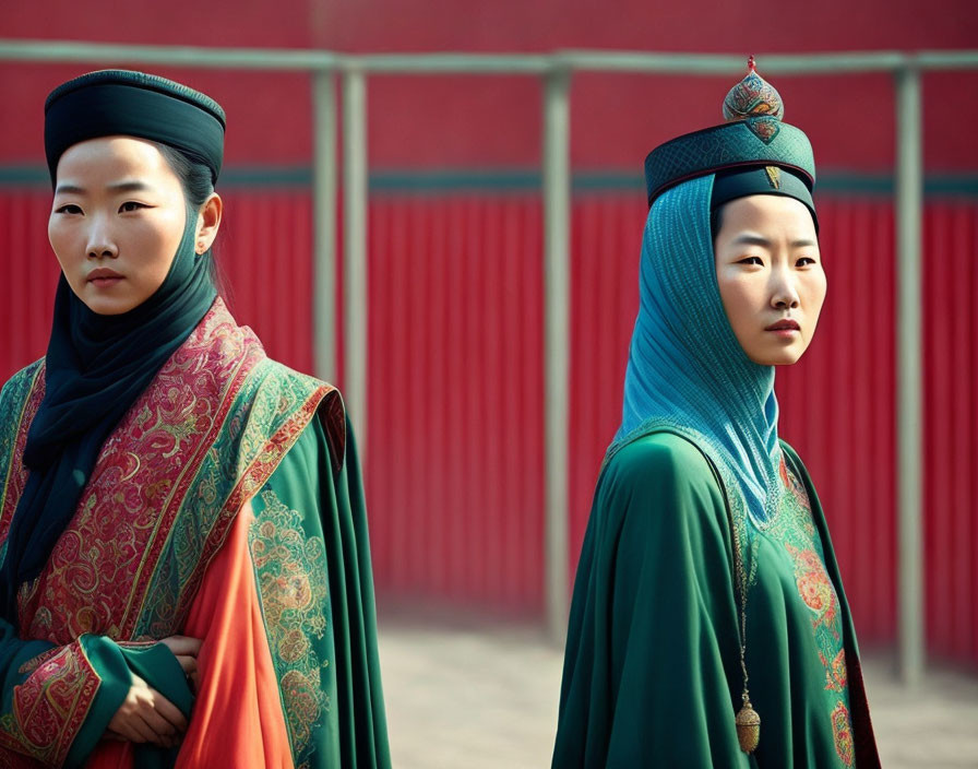 Traditional Asian Attire: Two Women with Intricate Headpieces on Red Background