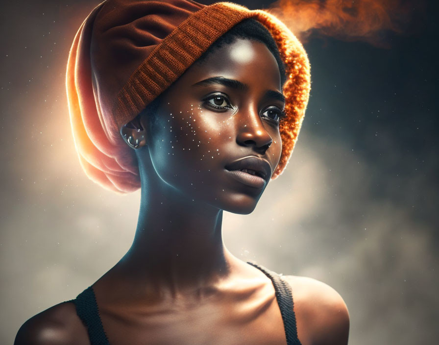 Young woman with dark skin in orange beanie, stars on cheek, against moody backdrop