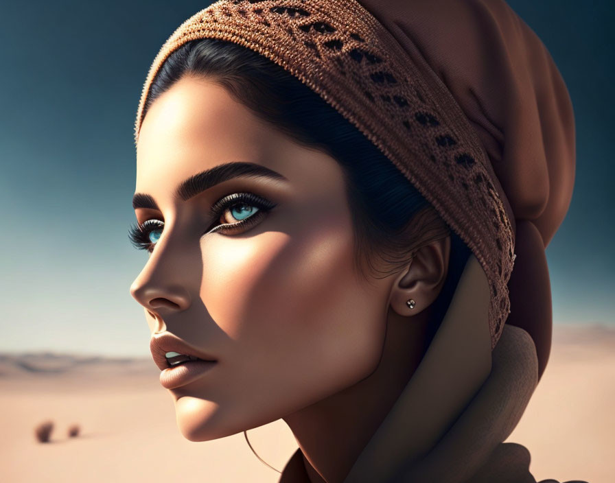 Portrait of a woman with blue eyes in headscarf against desert backdrop
