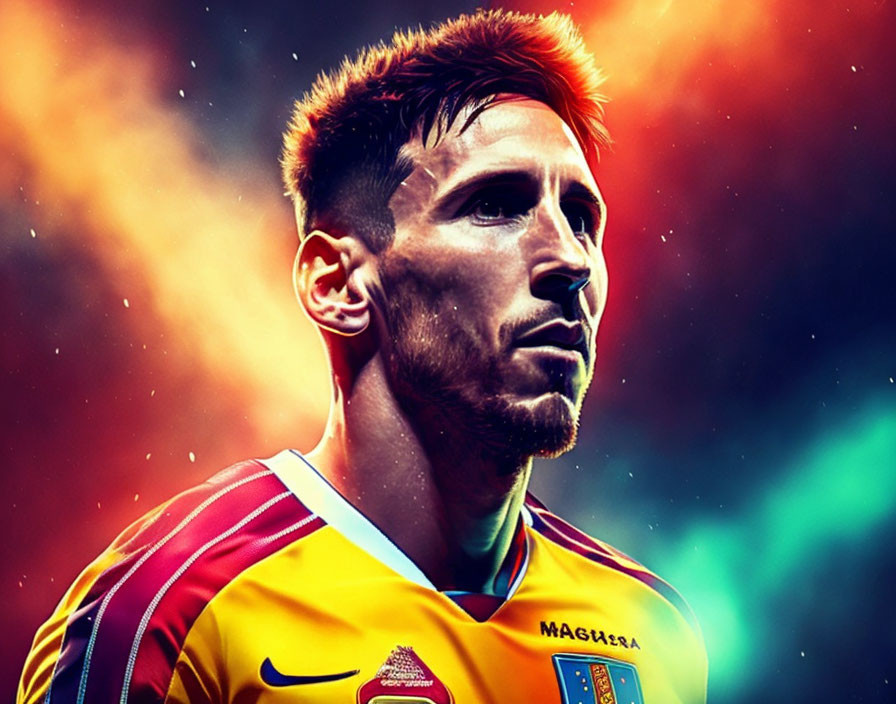 Male Soccer Player Digital Artwork in Vibrant Jersey on Fiery Abstract Background