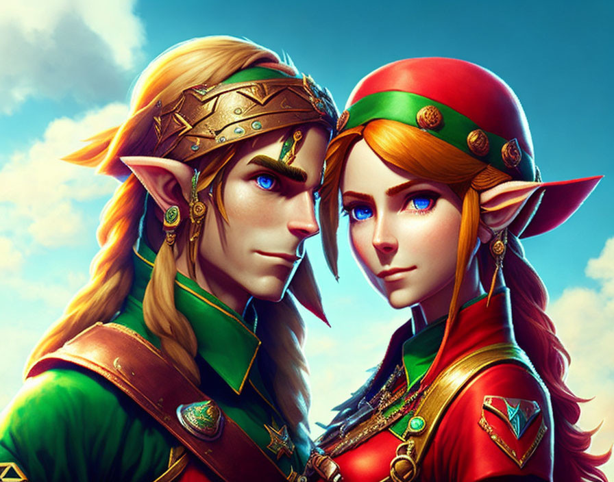 Fantasy-themed male and female animated characters with pointed ears in elaborate attire against blue sky.