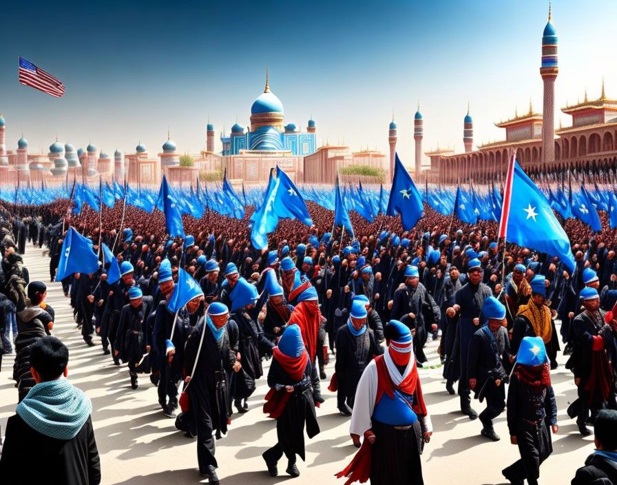 Crowd with Blue Flags in Square with Stylish Buildings and Minarets