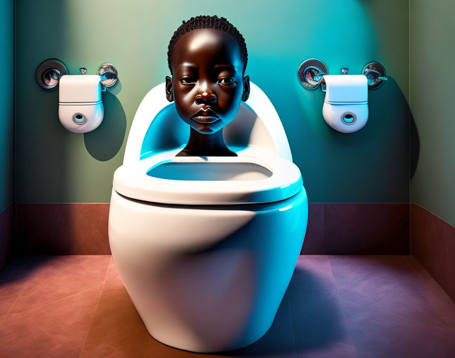 Surreal artwork: photorealistic human head emerging from toilet bowl