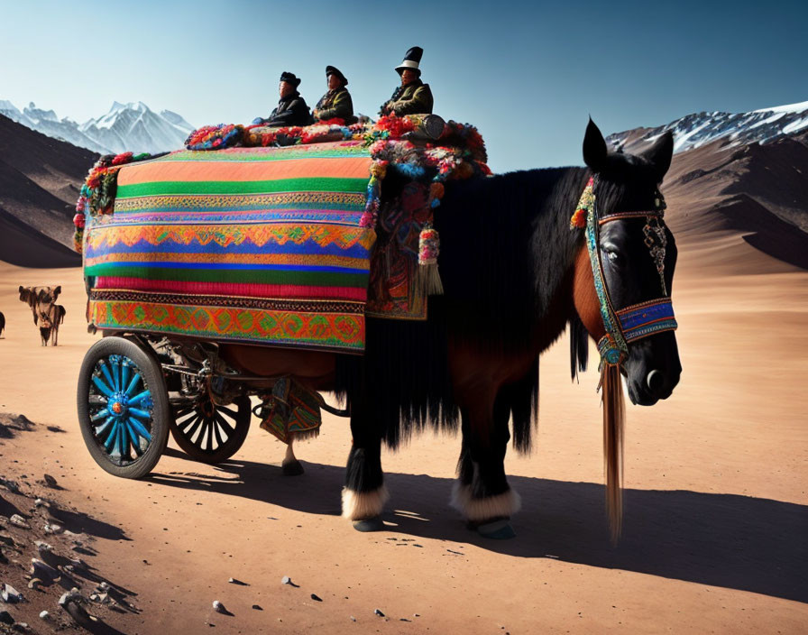 Colorfully Adorned Horse Pulling Traditional Cart in Desert Landscape