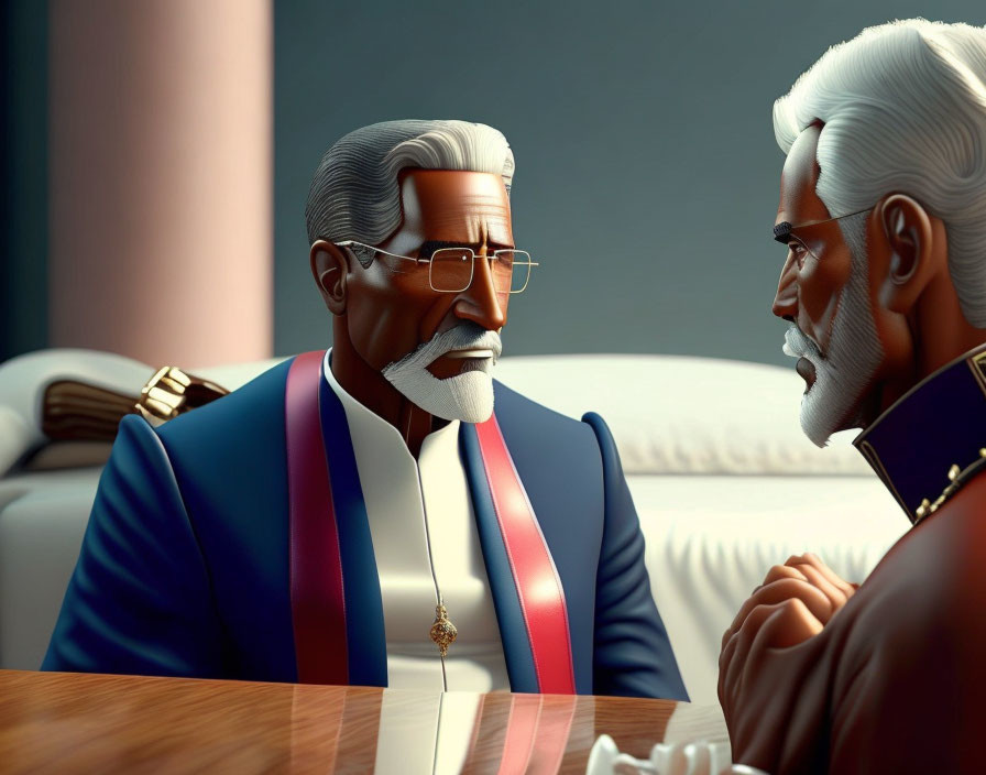 Stylized animated elderly gentlemen in conversation