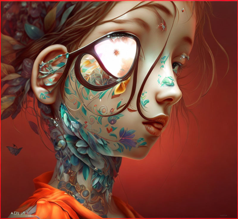 Digital artwork: Girl with ornate glasses reflecting daisy and floral motifs