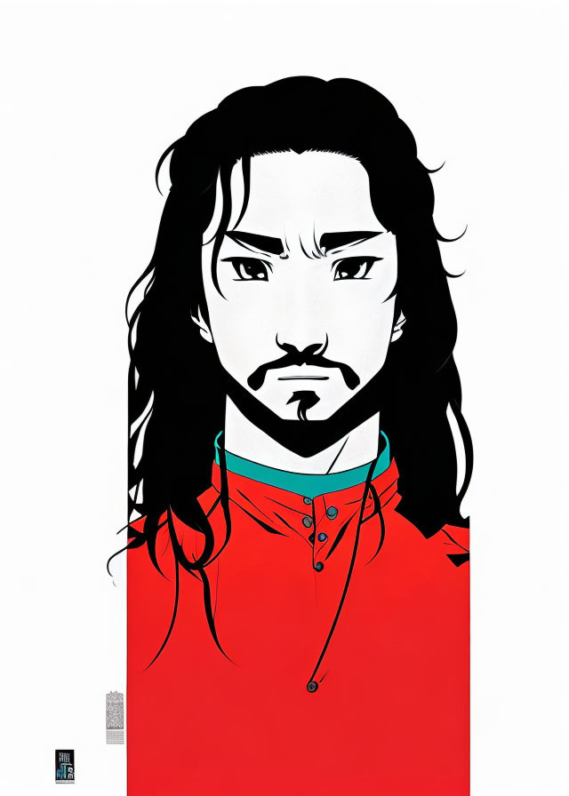 Man with Long Hair and Beard in Stylized Portrait wearing Red Top