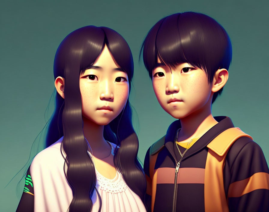 Two serious animated children on green background: girl with wavy hair and boy with short hair.