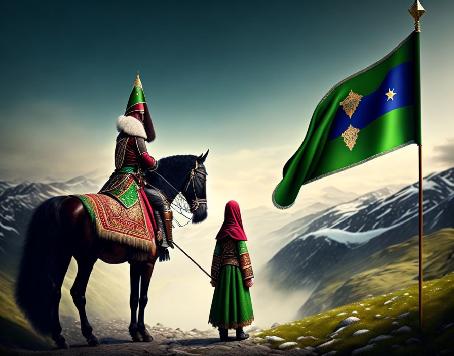 Traditional attire person on horse meets child against mountainous backdrop with crescent and star flag.