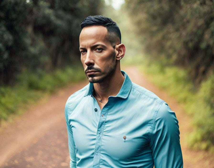 Man with trimmed beard in teal shirt on forest path