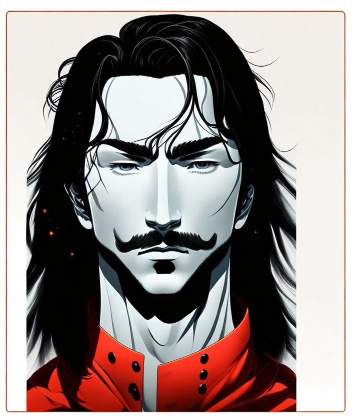 Man with Dark Hair, Mustache, and Red Shirt Illustration