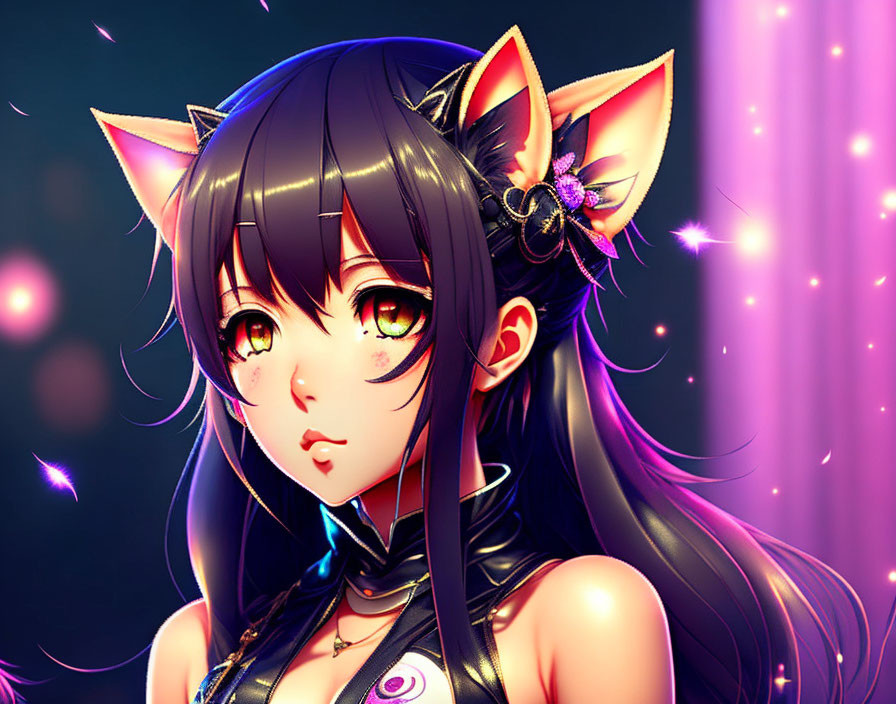 Anime-style girl with cat ears and green eyes on pink background