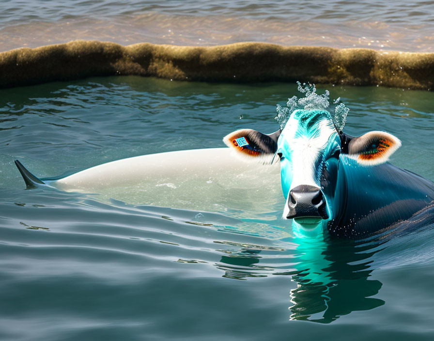 Inflatable cow float with sunglasses in clear water by concrete edge
