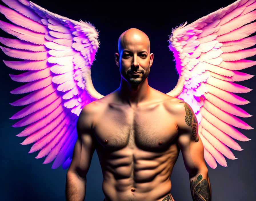 Bald man with tattoos and pink wings on dark background