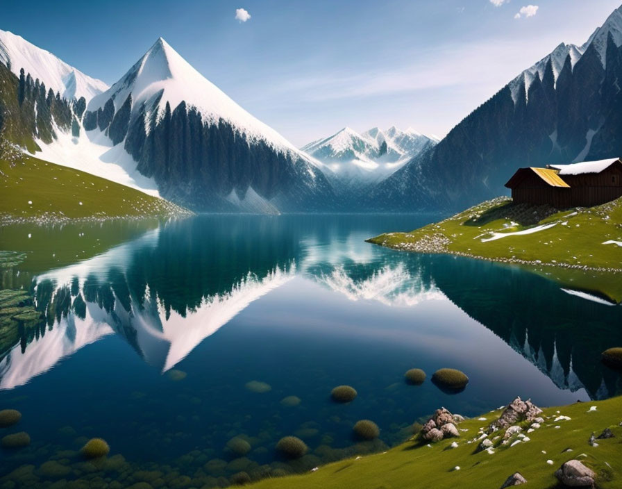 Mountain lake with sharp peak reflection, grassy surroundings, wooden cabin, clear sky.