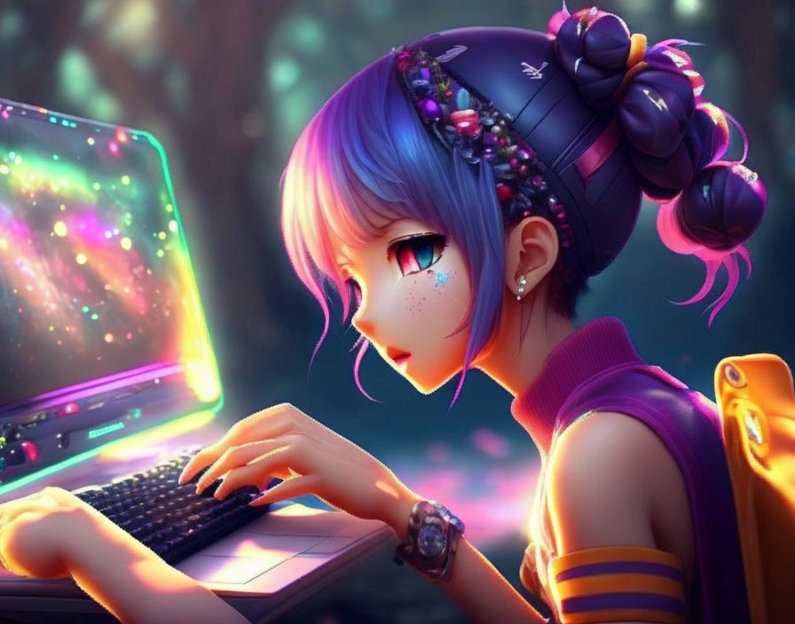 Colorful Illustration: Girl with Blue Hair and Headphones in Magical Forest