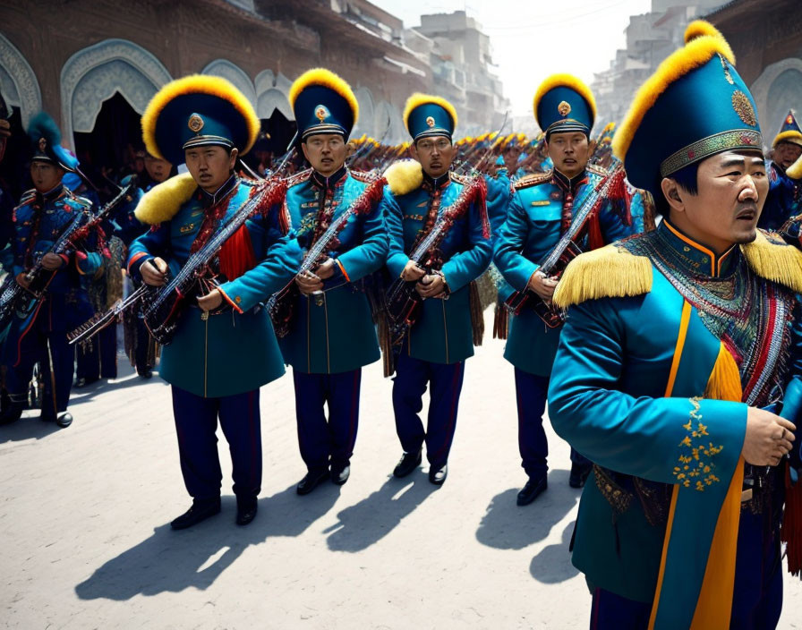 Vibrant blue and gold marching band in traditional uniforms parades through city street