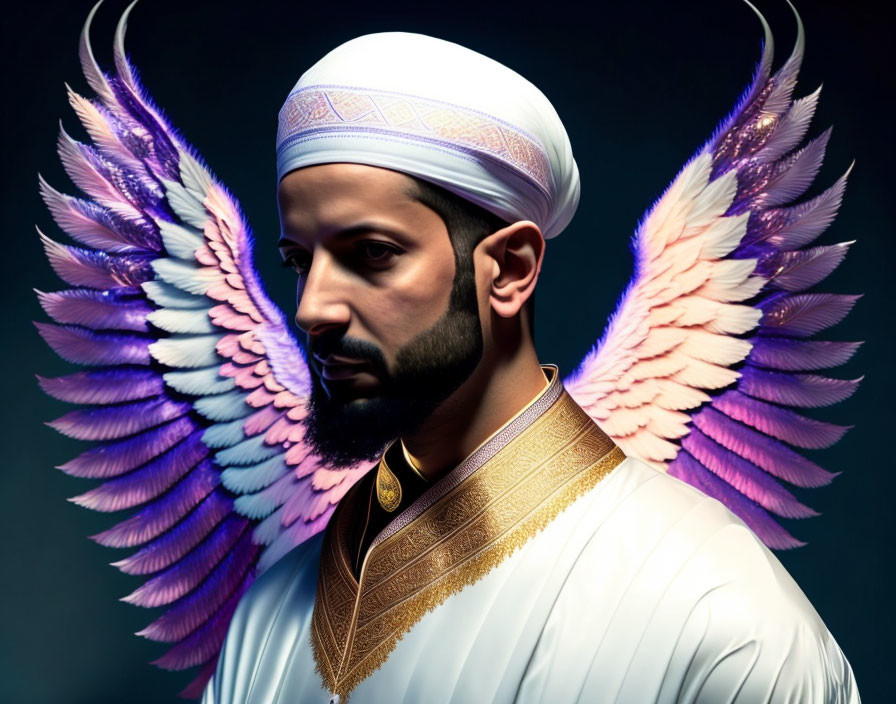 Bearded man in turban with feathered wings on dark background