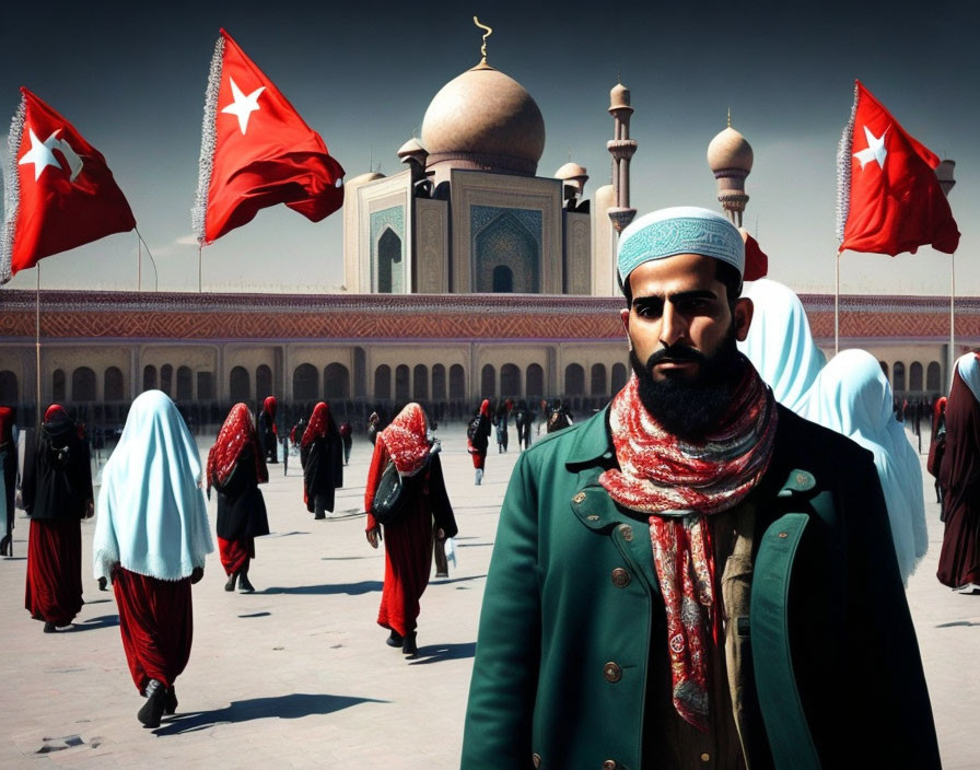Traditional Attire Man at Mosque with Crescent Star Flags