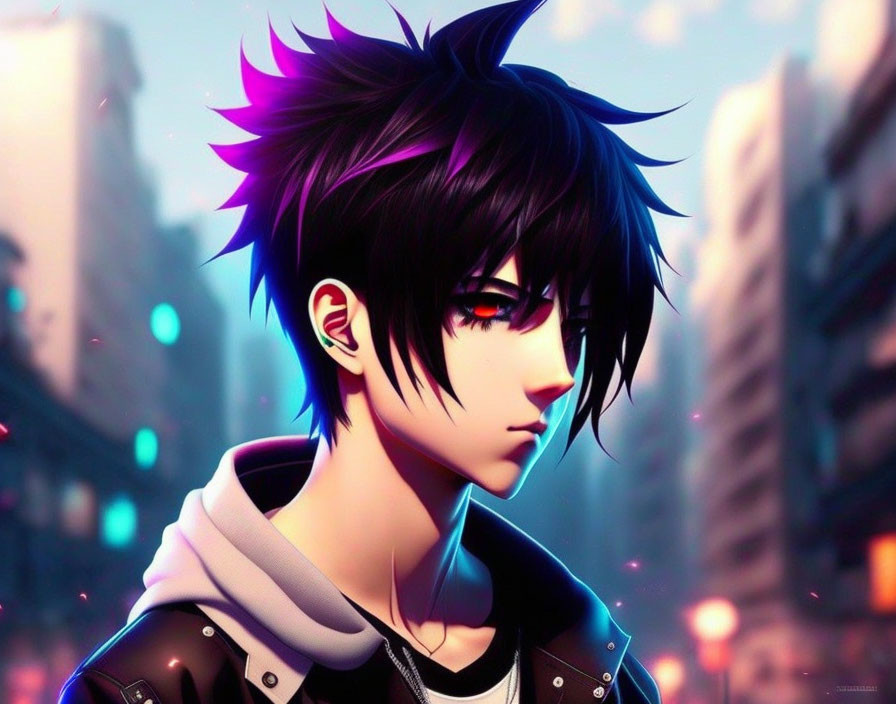 Dark-haired male anime character in leather jacket against urban dusk backdrop