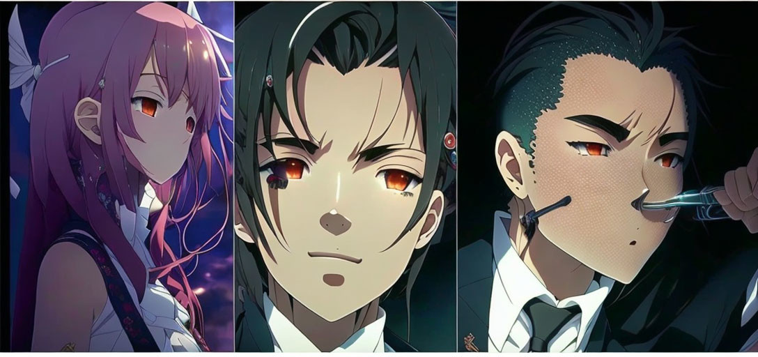 Anime characters: purple-haired girl, crying boy, knife boy