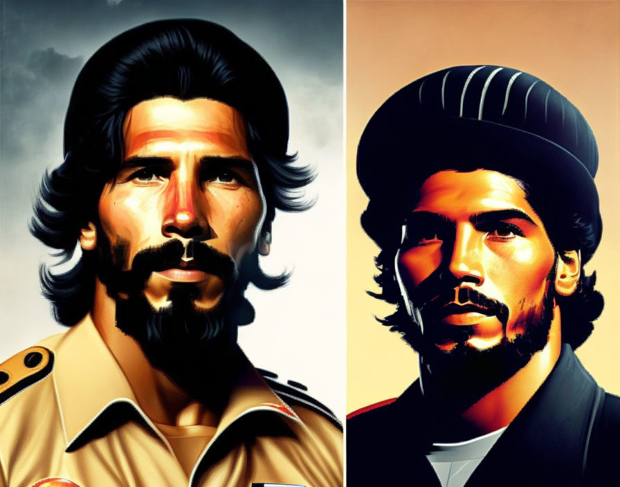 Stylized portraits of a man with a beard in military attire on smooth backdrop