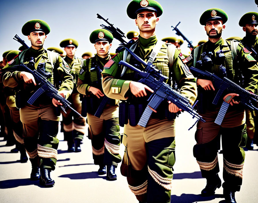 Military personnel in green berets marching in ceremonial attire