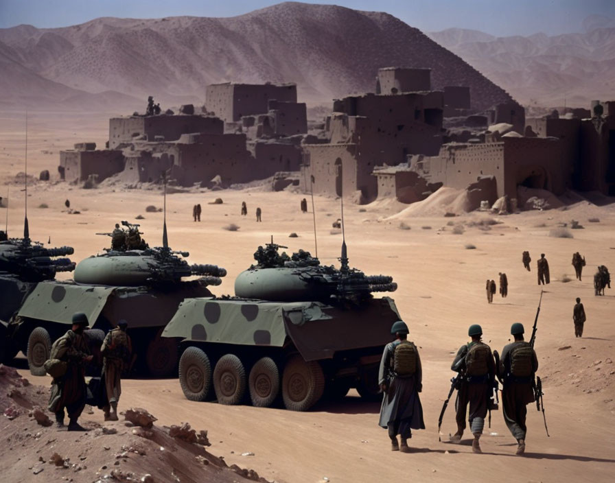 Military Tanks near Ancient Fortification in Desert Landscape