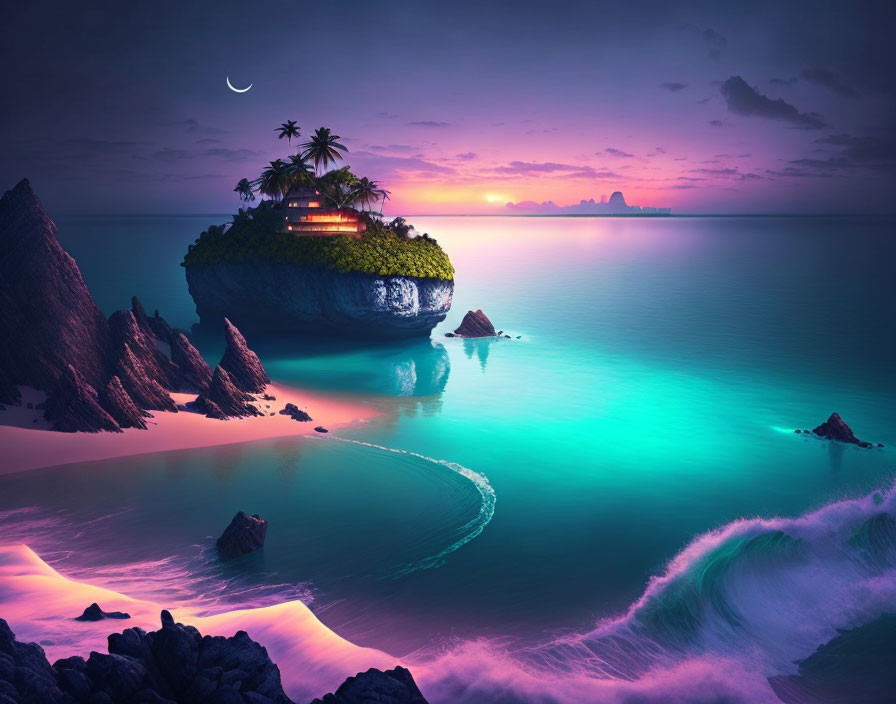 Surreal floating island with house and palm trees under moonlit sky
