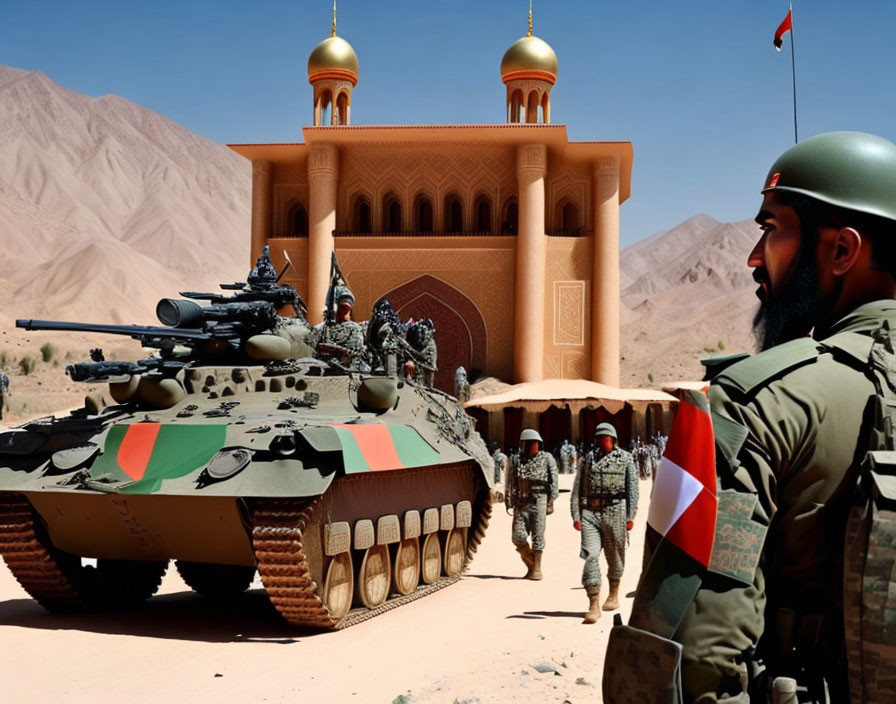 Military parade with tank and golden domes in background.