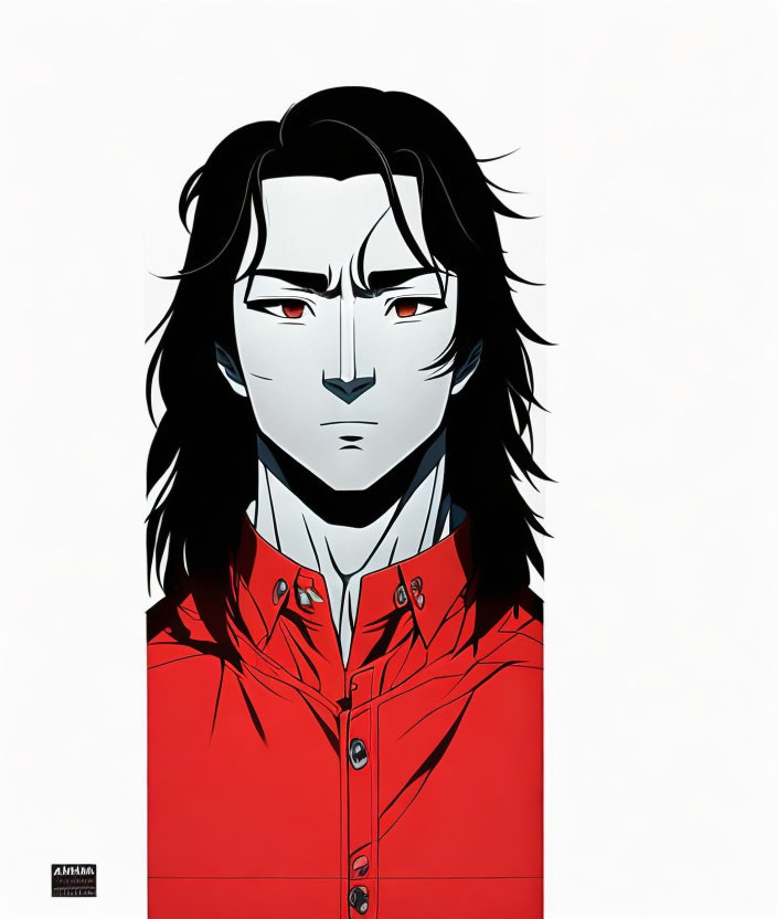 Detailed Illustration: Man with Long Black Hair, Intense Gaze, Red Eyes, Bright Red