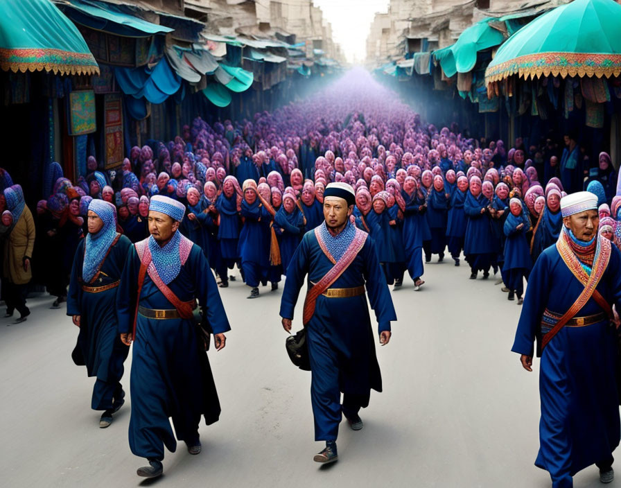 Colorful Traditional Attire Procession Under Green Parasols