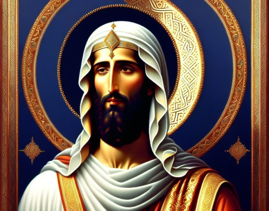 Iconographic image of figure in white and gold robes on blue background