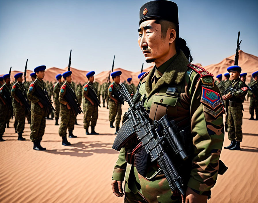 Military soldier and troops on sandy terrain under clear sky