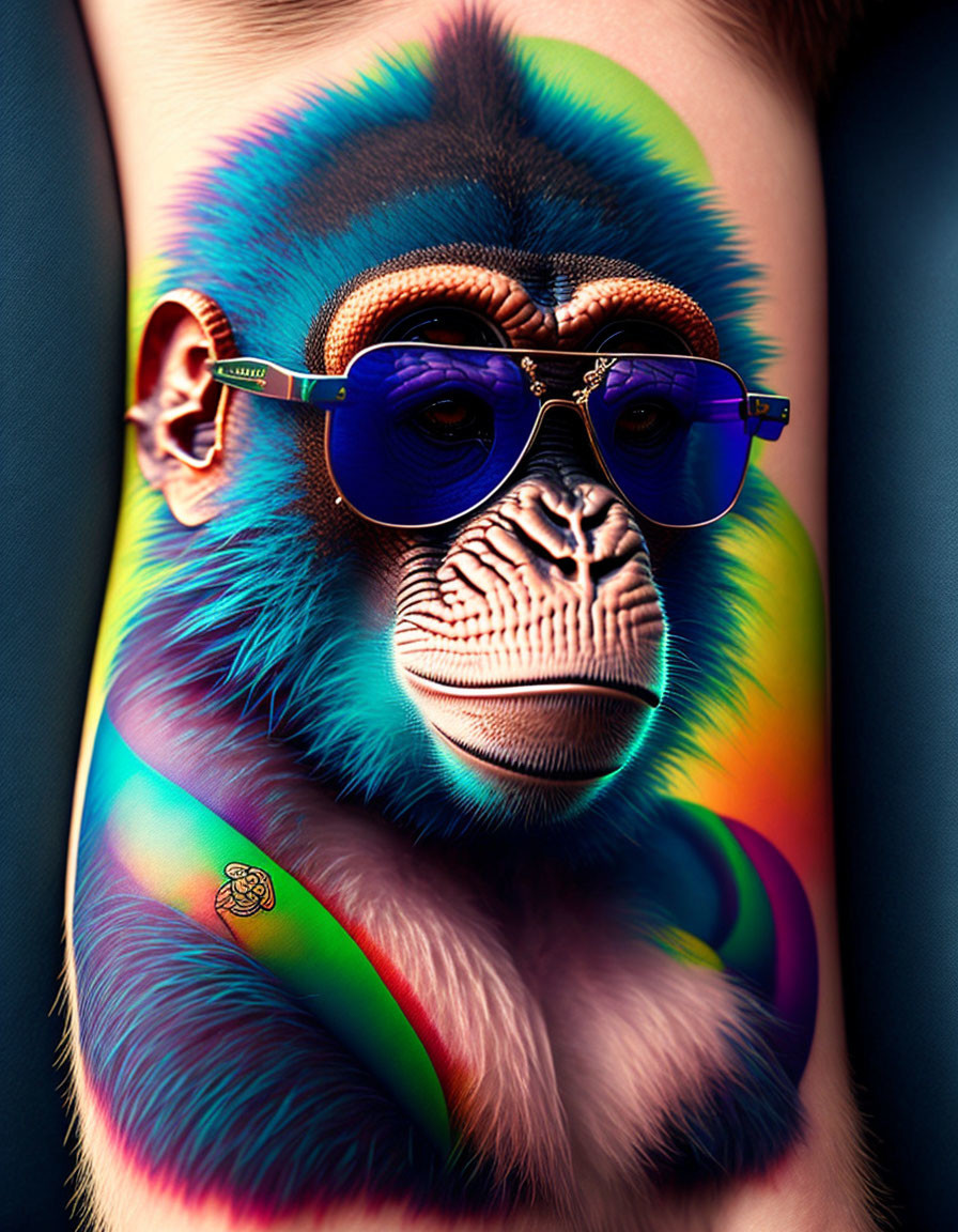 Colorful digital artwork: Monkey with rainbow fur and round glasses on dark background